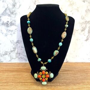 Vintage Liz Palacios S.F. Turquoise Bead & Amber Crystal Bead Chain Necklace